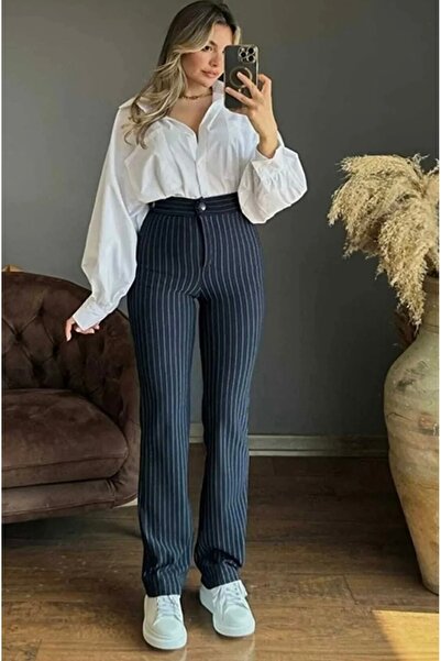 Kadın çizgili fit palazzo pantolon