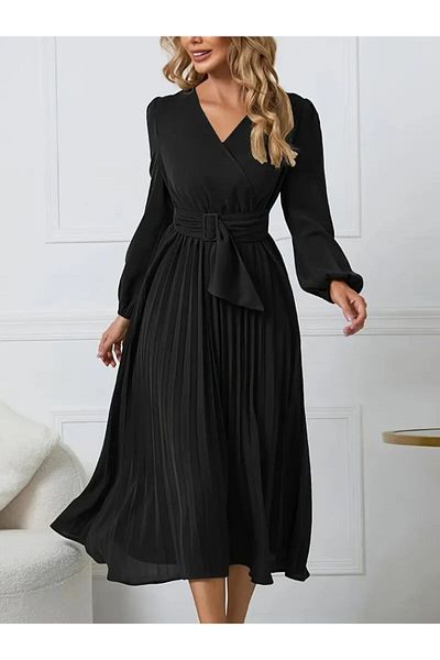 Moda Asmira Women's Long Sleeve Double Breasted Neckline Buckle Detail on Waist Pleated Long Imported Crepe Dress