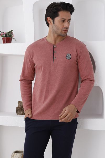 ERDENİZ TEKSTİL Men's Pajama Set with Long Sleeve Buttons and Pockets - Cuffless Sleeve and Leg - Fall/Winter Season