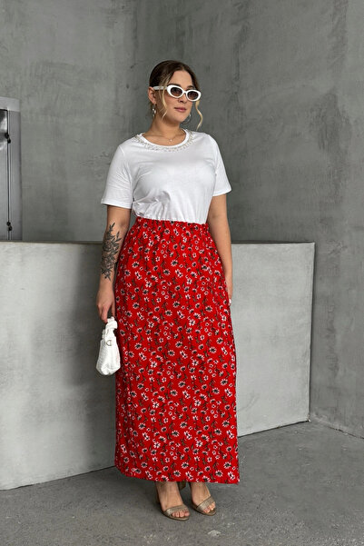 Stil Diva Plus Size Elastic Waist Long Cut Floral Print Pocketless Skirt 303898