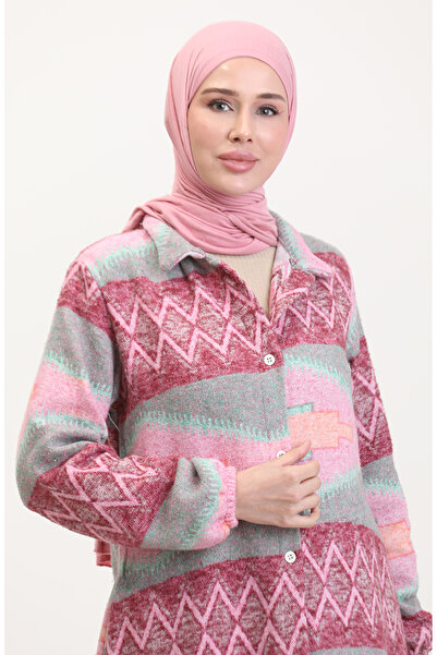 sefamerve Etnik Desen Düğmeli Kap 0557-04 Pembe Yeşil