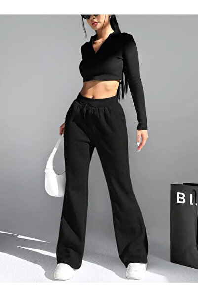 yx yustex sport Γυναικείο μαύρο casual παντελόνι φόρμας με φαρδιά μπατζάκια κ...