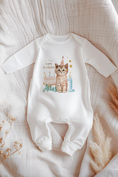 Astral Baby İsme Özel İsimli Doğum Günü Bebek Tulum 1 Yaş Kedi