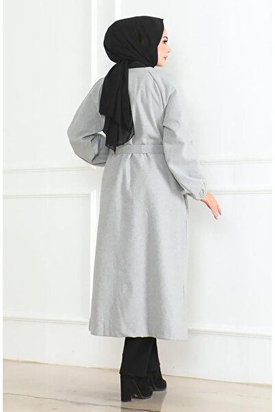 sefamerve Gizli Pat Kuşaklı Kaşe Kaban 0504-01 Gri