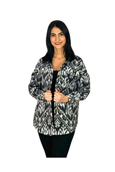 YusGos Women's Single Pocket Print Thick Lumberjack Jacket Shirt (Black-Grey)