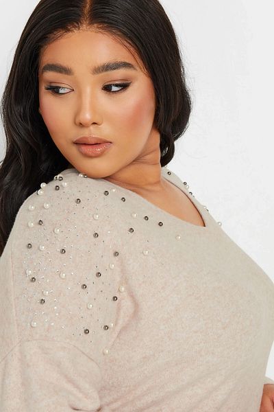 Stil Diva Plus Size V Neck Long Sleeve Shoulder Beading Embroidered Sweater 322301