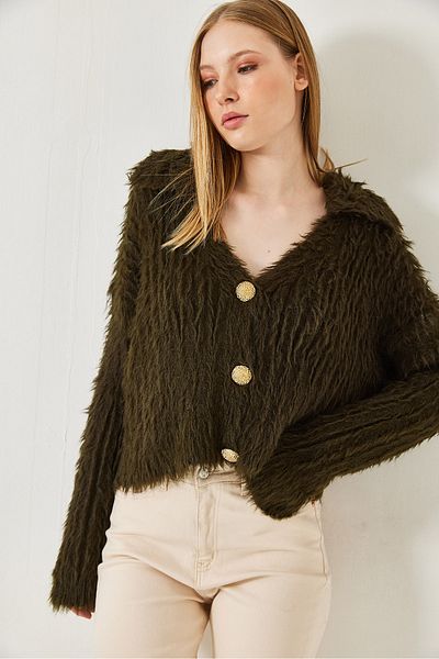 Bianco Lucci Women's Polo Neck Gold Buttoned Fur Look Cardigan 241131 60261299