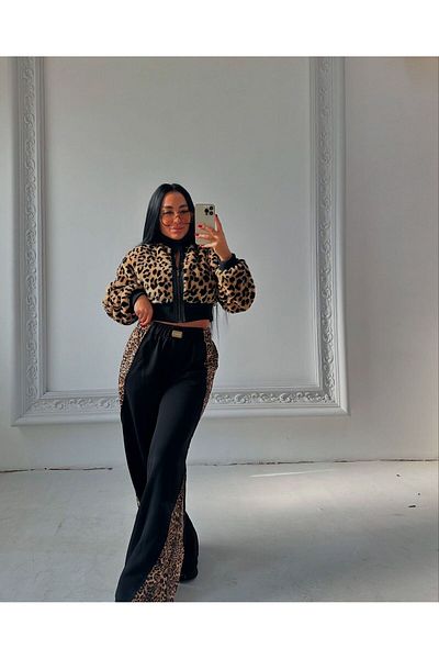 Pika Leopard Print Lined, Front Zipper, Prevailing Collar Short Crop Coat