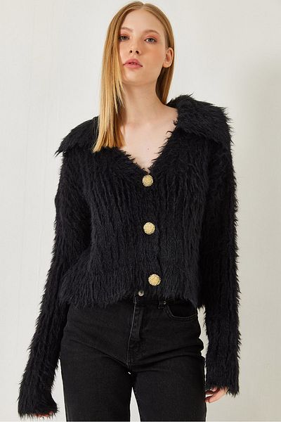 Bianco Lucci Women's Polo Neck Gold Buttoned Fur Look Cardigan 241131 60261299