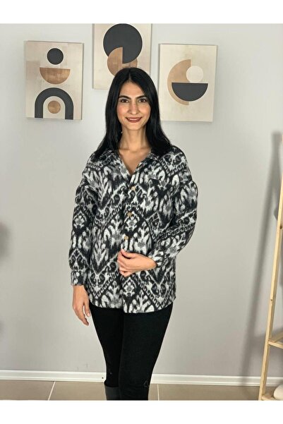 YusGos Women's Single Pocket Print Thick Lumberjack Jacket Shirt (Black-Grey)