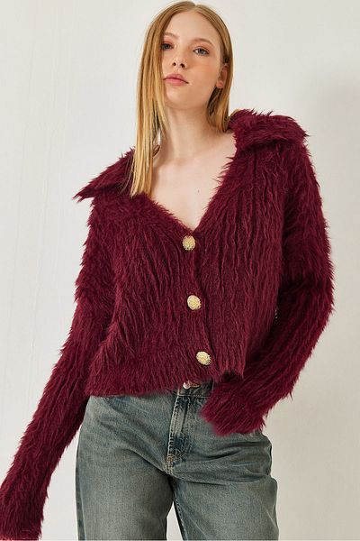 Bianco Lucci Women's Polo Neck Gold Buttoned Fur Look Cardigan 241131 60261299