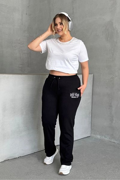 Stil Diva Pantaloni de sport cu buzunare cu șnur cu imprimeu text de mărime mare - 303902