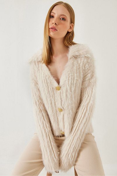 Bianco Lucci Women's Polo Neck Gold Buttoned Fur Look Cardigan