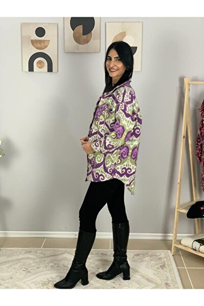 YusGos Women's Single Pocket Print Thick Lumberjack Jacket Shirt (Purple)