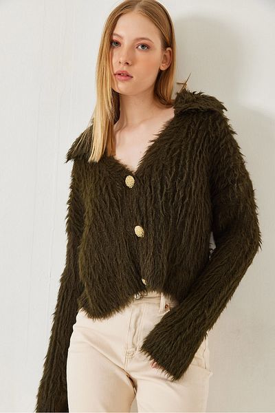 Bianco Lucci Women's Polo Neck Gold Buttoned Fur Look Cardigan 241131 60261299