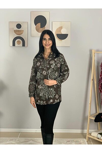 YusGos Women's Single Pocket Print Thick Lumberjack Jacket Shirt (Coffee)