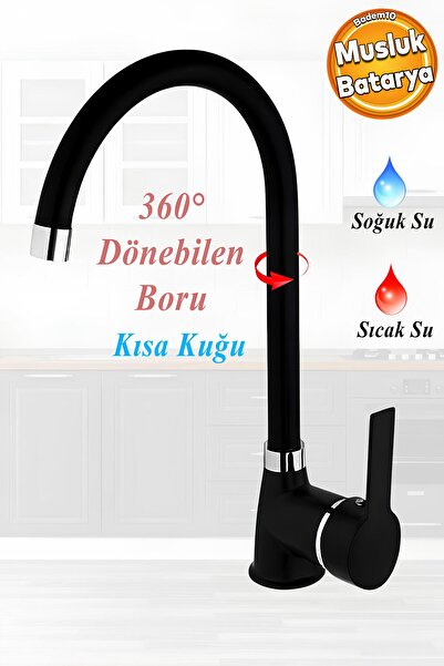 Badem10 Lara Mix Kısa Batarya Siyah Lavabo Banyo Mutfak Musluğu Musluk Mermer...
