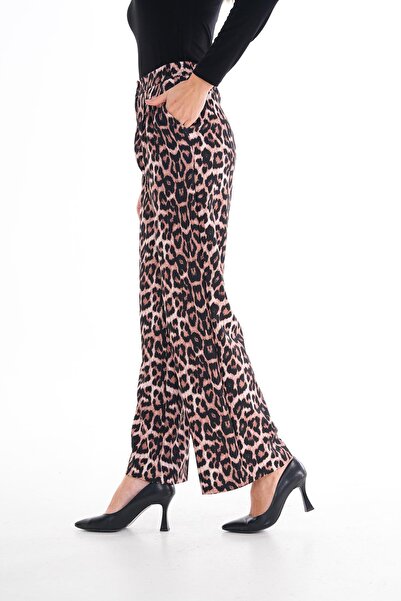 ŞİMAL Kadın Leopar Desenli Beli Lastikli Bol Paça Pantolon 255256 -