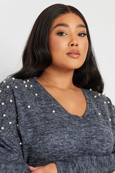 Stil Diva Plus Size V Neck Long Sleeve Shoulder Beading Embroidered Sweater 322302
