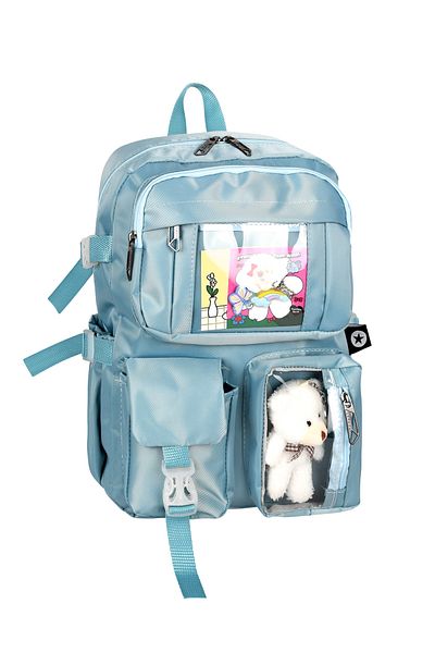Bliss Geantă de școală albastră Kawaii în stil coreean cu accesorii Rucsac pentru fete și băieți