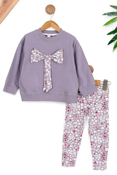 Ege Bebek Girl's 2-3-4-5 Years Old Seasonal Flower Printed Bow Detailed Leggings Bottom Top Suit