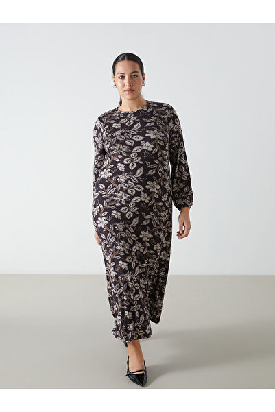 LC Waikiki Brown Crew Neck Patterned Dress