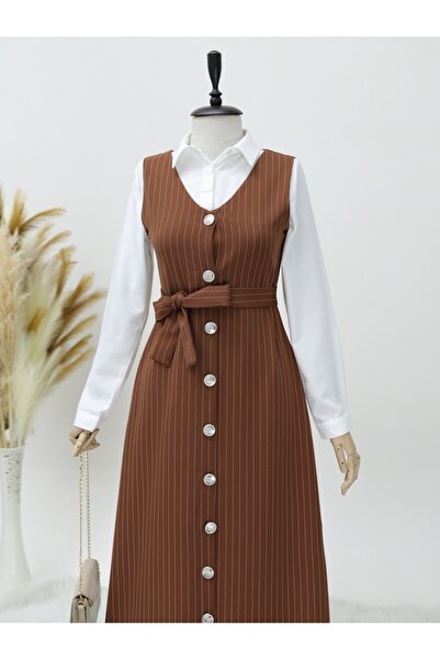 Modamorfo Ριγέ κοστούμι με κορδόνια με κουμπιά - Καφέ