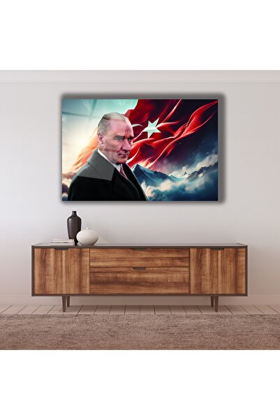 BestSanat Atatürk Dağ Türk Bayrağı Cam Tablo