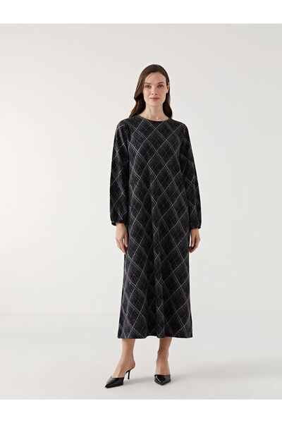 LC Waikiki Black Crew Neck Patterned Dress