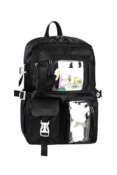 Bliss Geantă neagră în stil coreean Kawaii cu accesorii Rucsac pentru fete și băieți