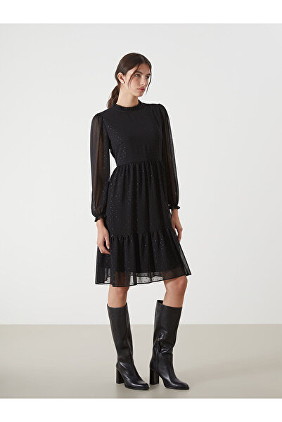 LC Waikiki Black Stand Collar Patterned Dress