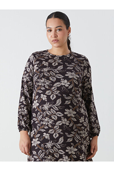 LC Waikiki Brown Crew Neck Patterned Dress