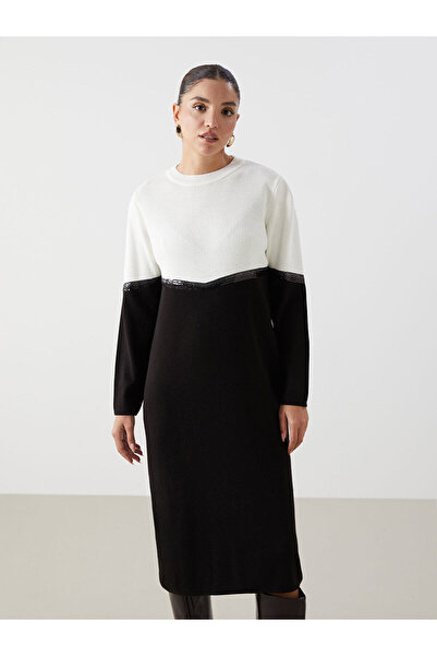 LC Waikiki Black Crew Neck Color Block Women's Knitwear Dress