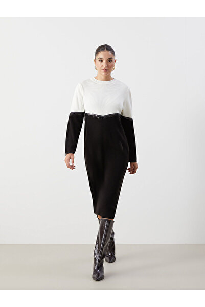 LC Waikiki Black Crew Neck Color Block Women's Knitwear Dress