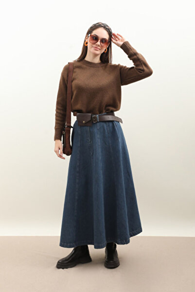 ZÜLAYS Çanta Kemerli Denim Etek Koyu Mavi