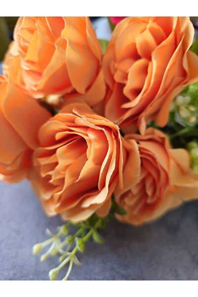 YAPAY ÇİÇEK DERYASI 7 Kafalı Şimşir Aranjmanlı turuncu GÜL Demeti Buket Gül Vazo Saksı Dekor aranjman çiçeği