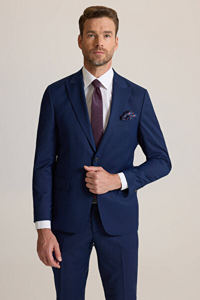 Ysf Erkek Petrol Slim Fit Sivri Yaka Yünlü Takım Elbise