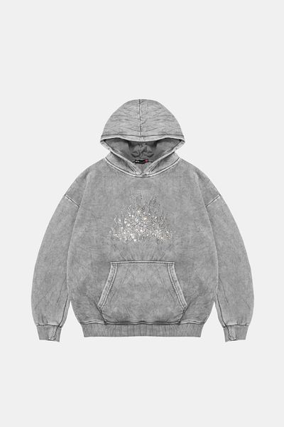 Sekizbiraltı Flame Stone Printed Oversize Unisex Λευκό Hoodie που πλένεται