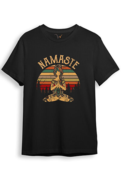 WİDİ Unisex Yoga Nameste εμπριμέ κομψό σχέδιο 100% βαμβακερό μαύρο μπλουζάκι ...