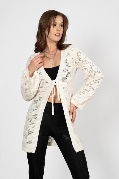RTD&VLD Ecru Women's Knitwear Cardigan - Long with Tie and Pattern