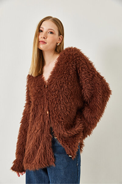 Bianco Lucci Women's V-Neck Buttoned Soft Bearded Knitwear Cardigan 241149 60261298