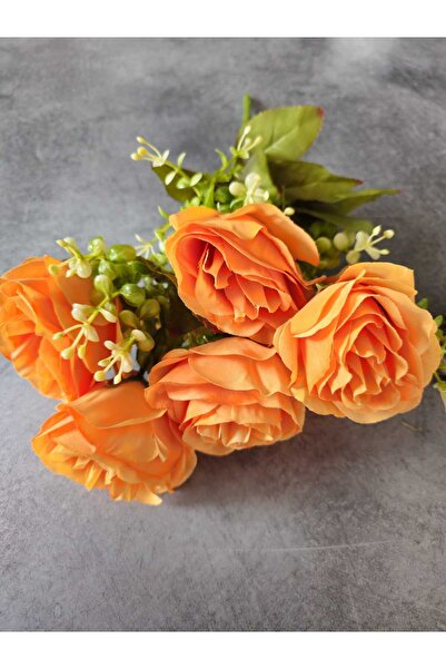 YAPAY ÇİÇEK DERYASI 7 Kafalı Şimşir Aranjmanlı turuncu GÜL Demeti Buket Gül Vazo Saksı Dekor aranjman çiçeği