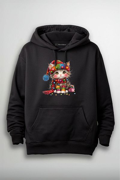 Merch&ice Sweet Christmas Cat Printed Unisex Hoodie with Lighted Christmas Hat