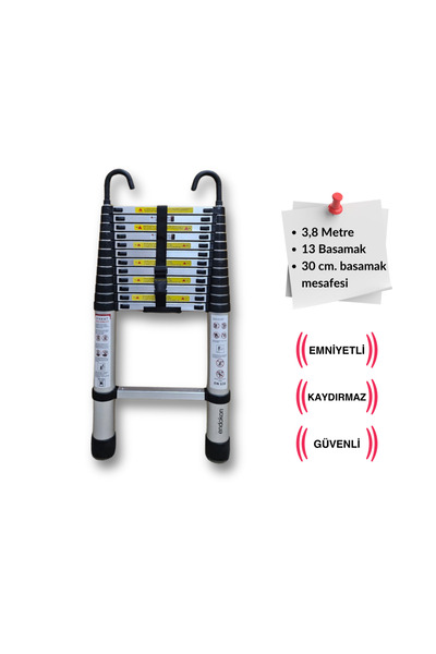 Endokon 13 Basamak - 380 Cm. Kancalı Teleskopik Alüminyum Merdiven - I Tipi U...