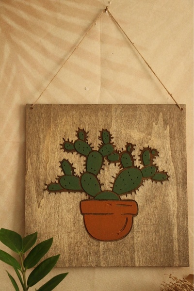 Hoyatap Ahşap Kaktüs Desenli El Boyama Oyma Model Rustik Tablo(30*30cm)