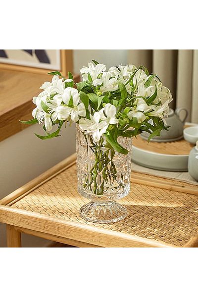 Home Zone Large Clear Pedestal Vases Crystal Glass Ribbed Footed Flower Vase (Diamond Pattern)