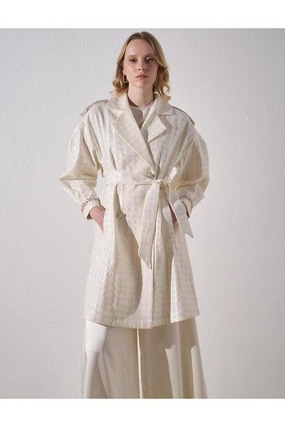 Kayra Goose Feet Patterned Jacquard Double Breasted Trench Coat Ecru