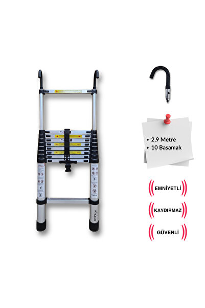 Endokon 10 Basamak - 290 Cm. Kancalı Teleskopik Alüminyum Merdiven - I Tipi U...