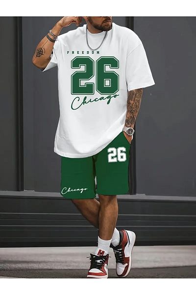Hunors Sportswear & Company Férfi fehér zöld Oversize Freedom nyomott, rövid ujjú póló rövidnadrág szett