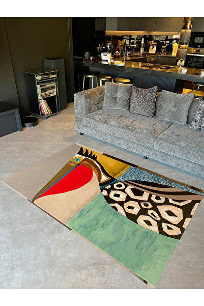 Ebru Collection Red Beaked Pelican Patterned Woven Sole Modern Decorative Carpet ebru22